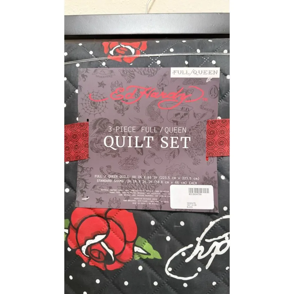 Ed Hardy 3 Piece Full / Queen Quilt Set Red Roses Polka Dot Black NWT